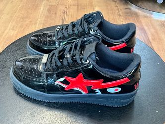 A Bathing Ape BAPE STA Low Shark Black Red Patent Leather Sneakers WGM Size 10”