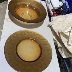 Large Amber And Gold Plate And Bowl