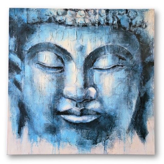 Tranquil Buddha Gaze 36″ Hand Embossed Canvas Art, Deep Blue