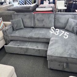 Reversible Grey Sectional Sofa Pull-out Bed, Sectional Sleeper Grey Corduroy Brand New