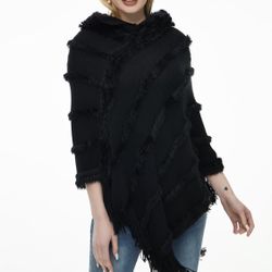 Women's Casual Hooded Sweater Pullover with Fringe Batwing Shawls Wraps Crochet
