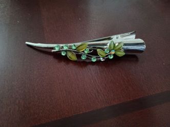 3/$10 🌟 Large Silver Hair Clip with Green Leaf & Crystal Floral Flower Accents