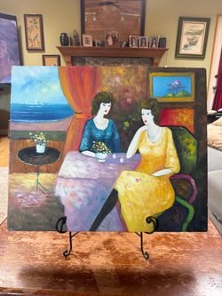 Vintage Original Signed Oil Painting on Canvas Two Women Coastal Interior 24x20