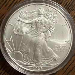 1 Ounce Silver, 2008 BU American Silver Eagle Encapsulated 