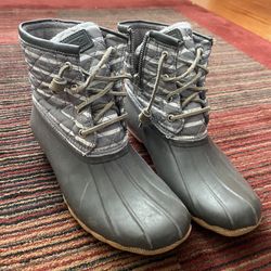 Sperry Women’s Waterproof Rubber Duck Boots Size 8.5 Gray & White Rain Snow Boot