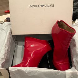 Emporio Armani red patent leather stiletto ankle boots.
