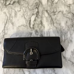 Coach Buckle Black Leather Trifold Wallet With Back Zip- long wallet