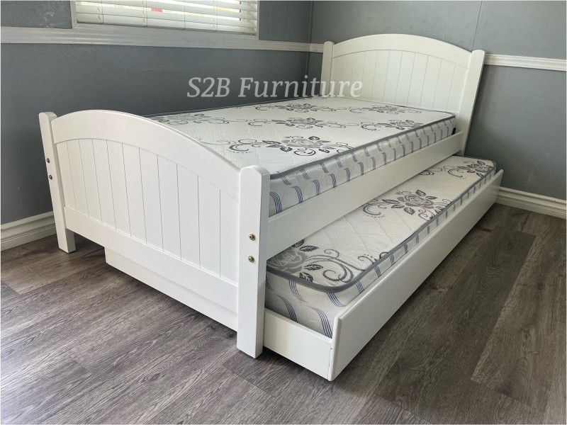 Twin Twin White Trundle Bed With Ortho Mattress Included!!