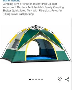Camping Tent 3 4 Person Instant Pop Up Tent Waterproof Outdoor Tent Portable Family Camping Shelter Quick Setup Tent with Fiberglass Poles for Hiking 