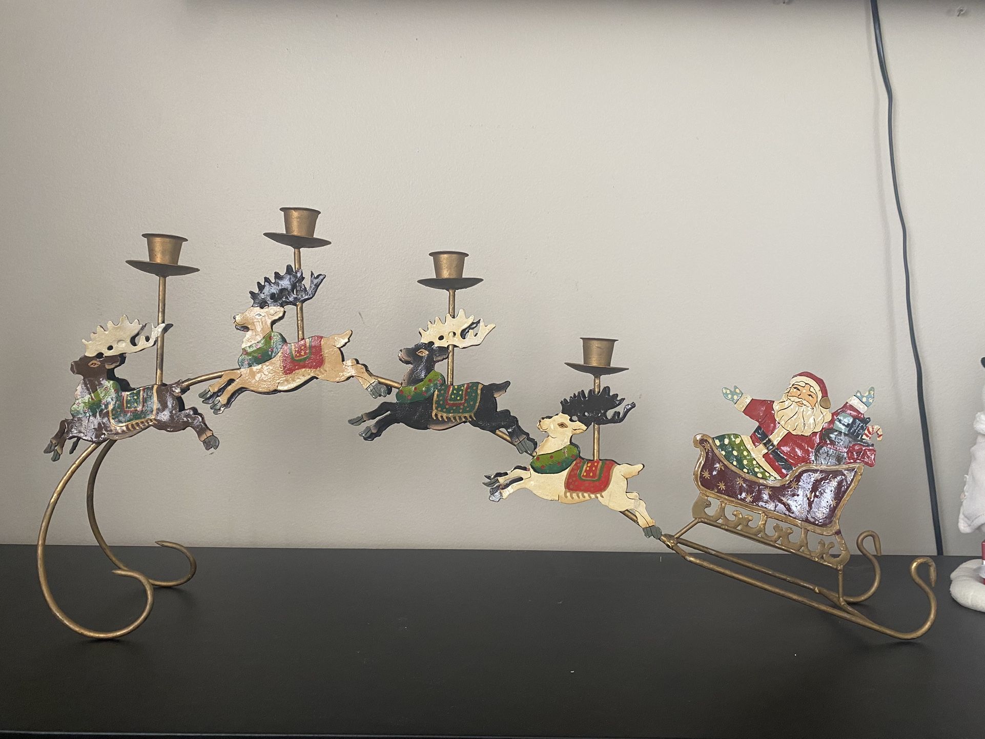RARE! Vintage 1970’s Iron & Sheet Metal Hand Painted Vintage Americana Santa &reindeer candle holder Christmas