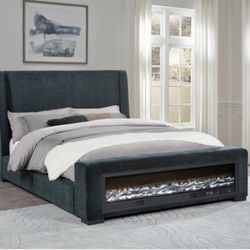 Preston Upholstered Queen Audio Flame Visualizer Bed Dark Blue
