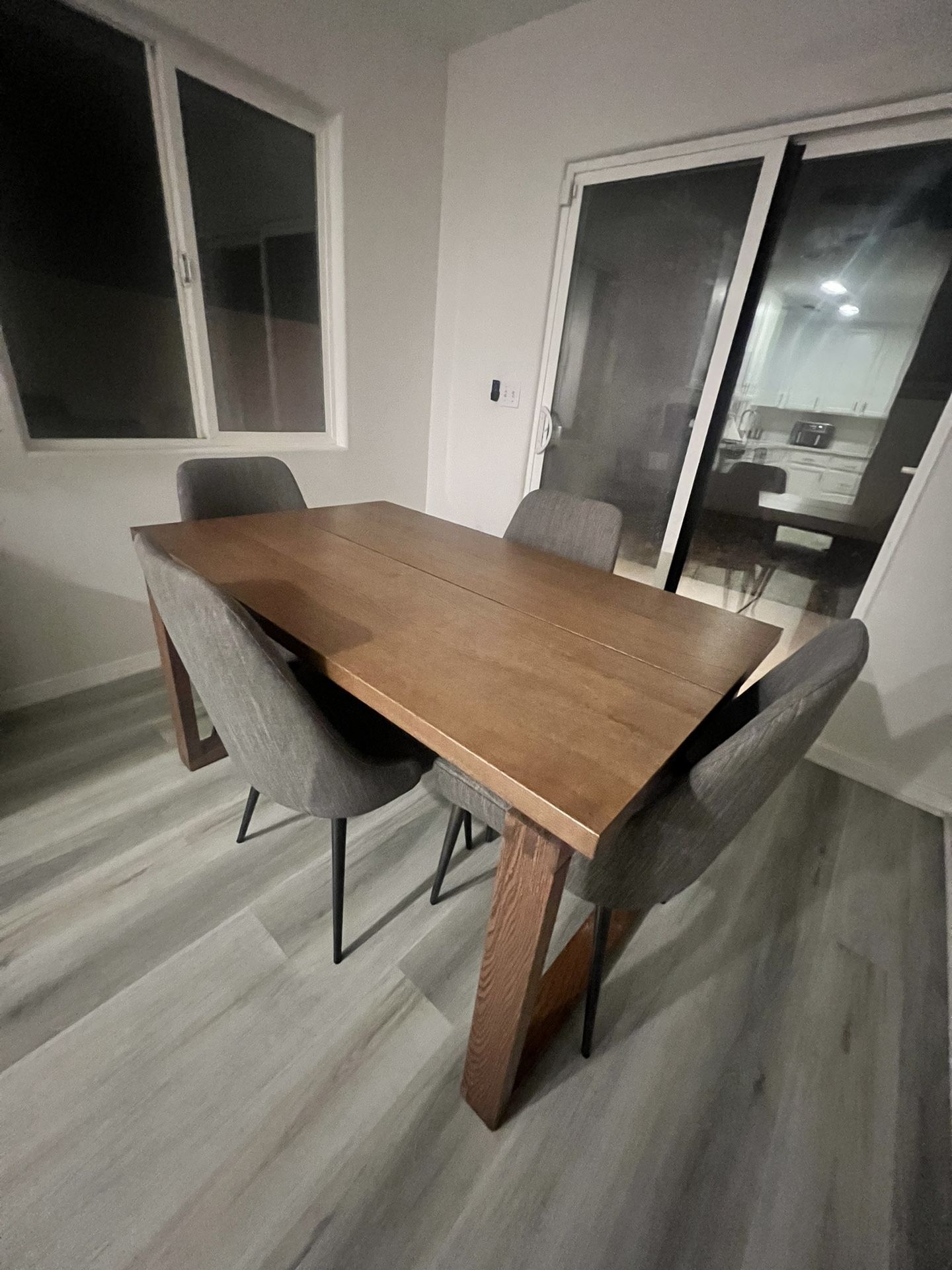 IKEA MORBYLANGA Oak Brown Table With 4 Ashley Furniture Upholstered Dining Chairs