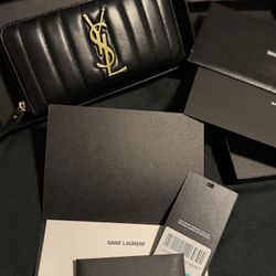 YSL Black Lambskin Matelasse Vicky Zip Around Wallet Authentic