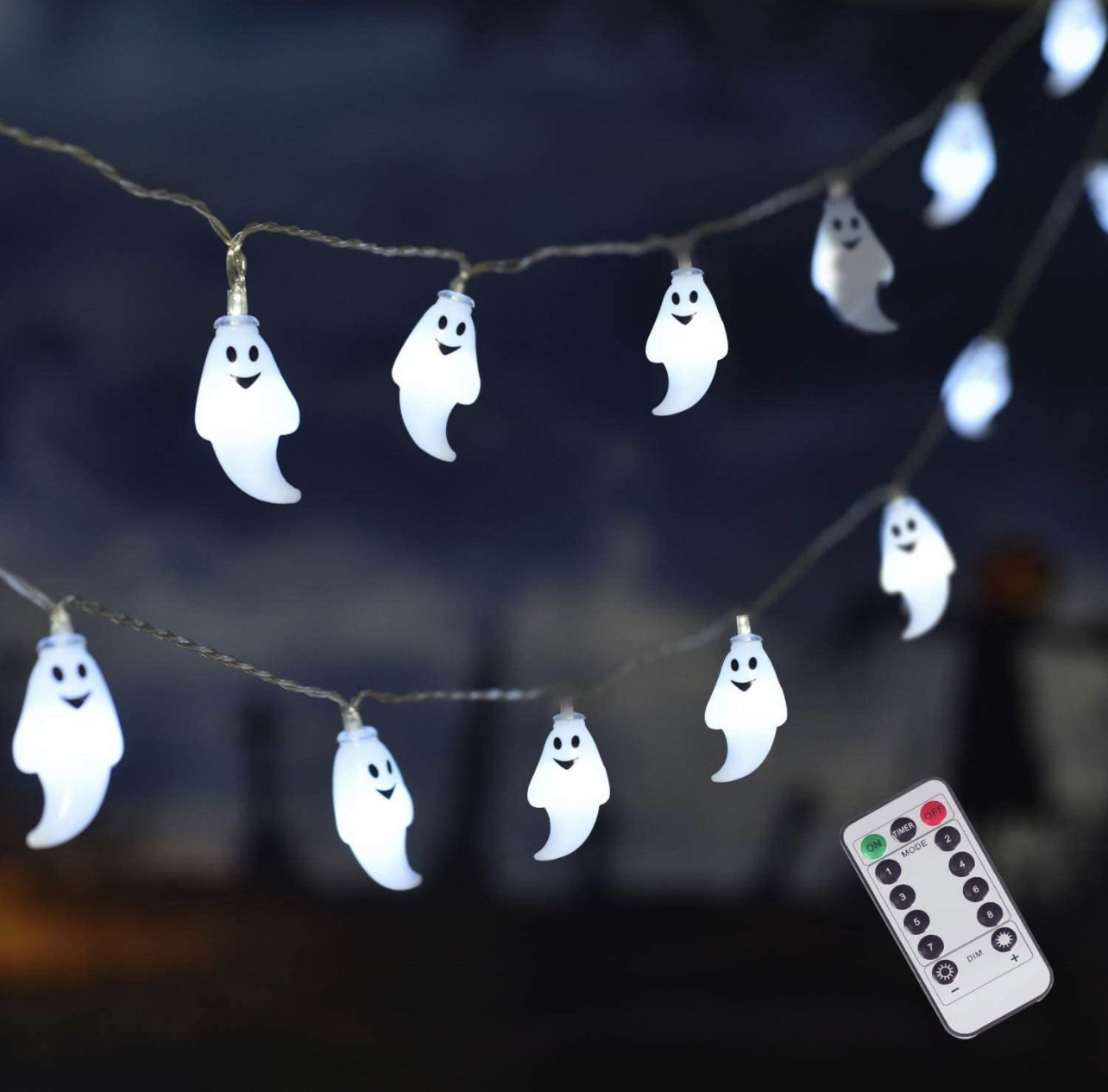 25 LED Halloween White Ghost String Lights, 8 Modes Fairy String Lights, Battery Operated Halloween