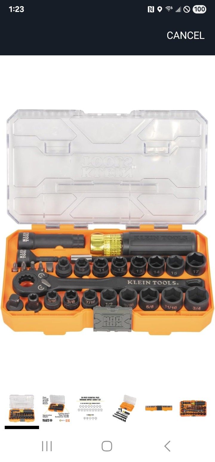 Klein Tools 65400KNECT KNECT Essential Pass Through Impact Socket Set, SAE and Metric, 90-Tooth Ratchet, MODbox Case, 3/8-Inch Drive, 28-Piece