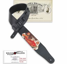 Walker & Williams CVG-162 Black Leather Padded  Guitar Strap Hand Tooled Red Koi