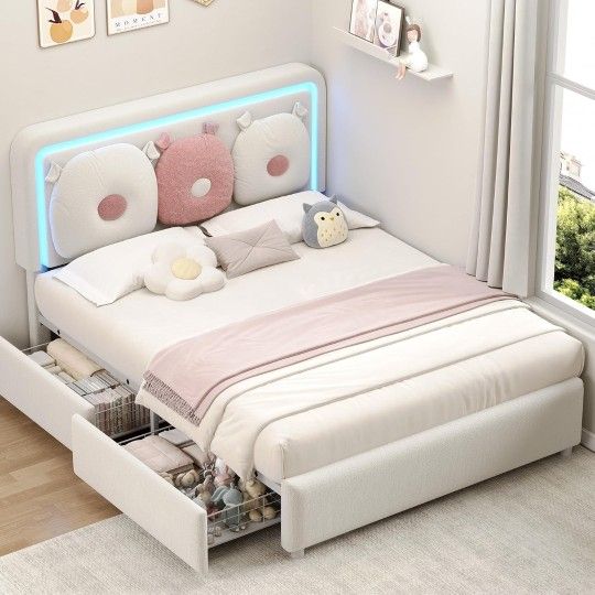 *READ* Full Boucle Upholstered LED Bed Frame  Storage and Adjustable Chic Double Arc Headboard,