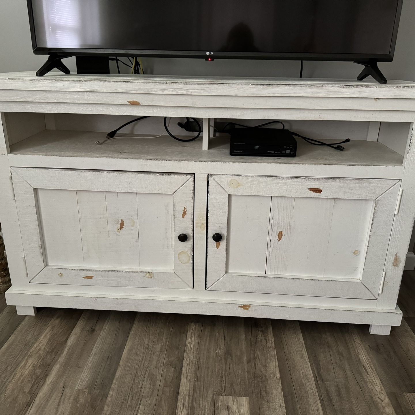 3 Piece Farmhouse White Distressed End Table, Coffee Table And TV Console 