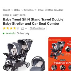Baby Trend Sit N' Stand® Double 2.0 Stroller, Dash Grey  NEW WITH infant Car Seat Carriola para Bebe