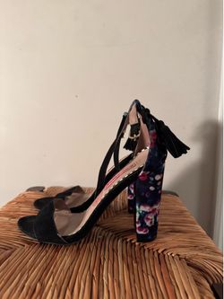Betsey Johnson Black Suede Ankle-Strap Heels with Floral Velvet Block Heel 7.5