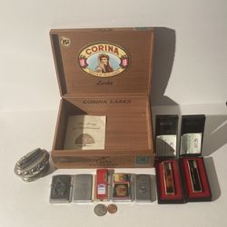 Vintage Lot Of 8 Lighters And Cigar Box