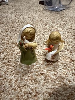 Set of 2 Small Vintage Christmas Ornaments Angel w/Red Bird & Angel w/Dove. Wing is busted off on angel w dove