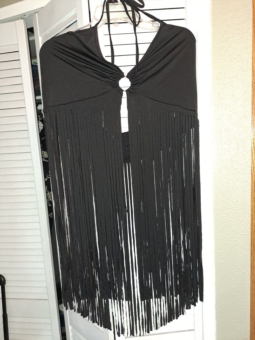 1XL Size Fringe Tops Sexy Halter Neck Backless Boho Tassel Cropped Going Out Top