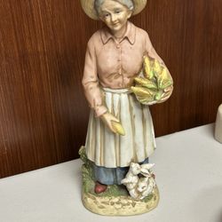 Vintage Homco Porcelain Large figurine farmer woman with rabbits 
