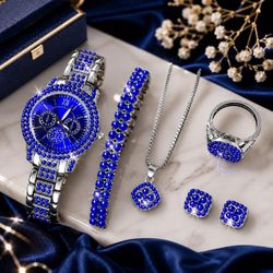 Women’s Blue Crystal Watch Jewelry Gift Set 5 Piece Silver Tone