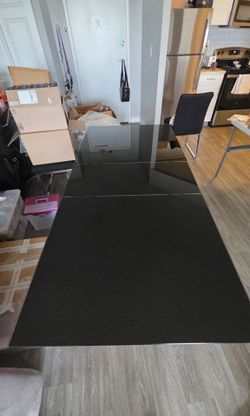 Dining Table & 6 Chairs, Black Glass, Built-in leaf
