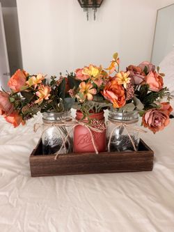 Fall Farmhouse Mason Jar Floral Centerpiece + Wood Tray