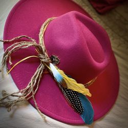 Frida Kahlo inspired fedora hot pink color one of a kind one size fits all adjustable