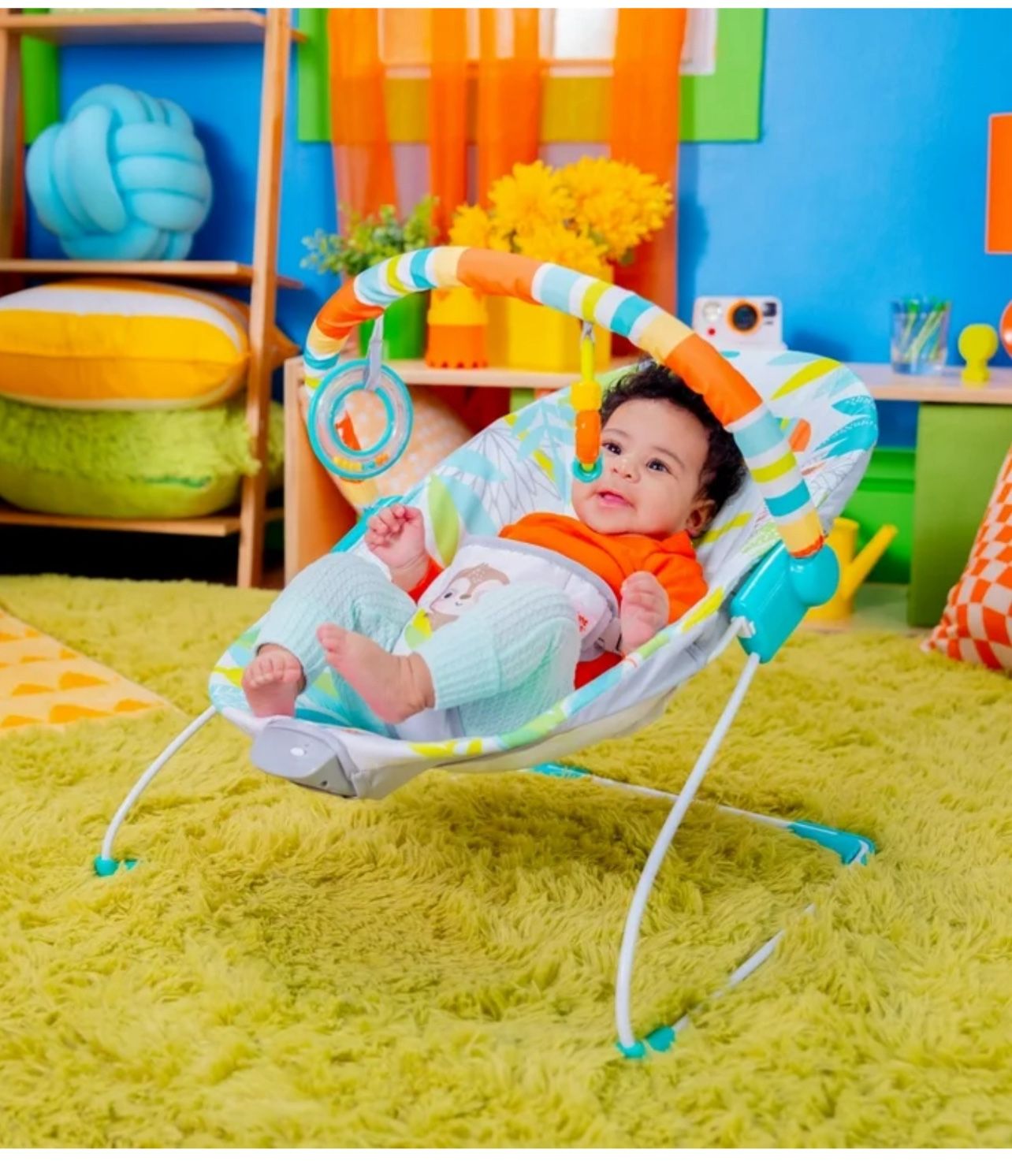 Bright Starts Rainforest Vibes Vibrating Baby Bouncer with Toy Bar