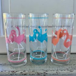 Set of 3 Vintage Libbey Flamingos Glasses one of each Color- Peach Turquoise and Pink