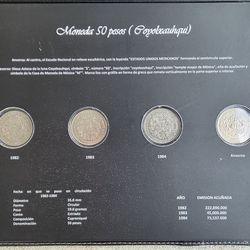 Mexican 50 Pesos “Coyolxauhqui” Coin Collection – 1982, 1983, 1984 + Obverse Coin – Official Album “Monedas México”
