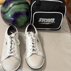 Bowling bag with bowling ball with bowling shoes. Shoe size 8 1/2