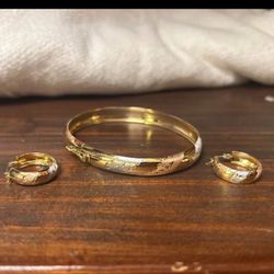 10k Gold - Multicolor Gold Bangle and Hoop Earrings 