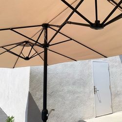 (New) $130 Large 15x9 FT Double Sided Umbrella with Weight Base set (Beige color)