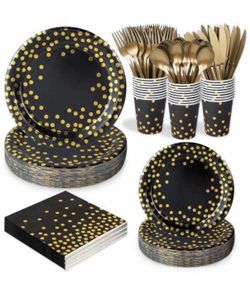Black Gold Foil Dot Disposable Tableware Set for 25 Guests