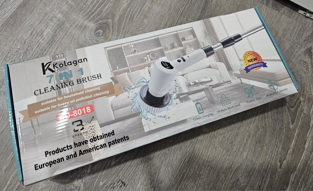 New never used rechargeable cleaning brush with 7 attachment cleaning heads and extends up to 50in.