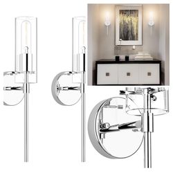 Wall Sconce Set of 2 Chrome Wall Light, Farmhouse Vanity Light Fixture Modern Indoor Wall Light with Clear Glass Shade for Bathroom Bedroom Living Roo