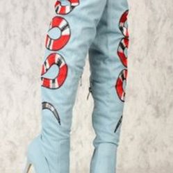 Cape Robbin Denim Over The Knee Boots Snake Embroidery Stiletto Heel Women's 7