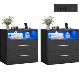 Set of 2, 23.6 Inch Wide Nightstands with Charging Station, LED Lights