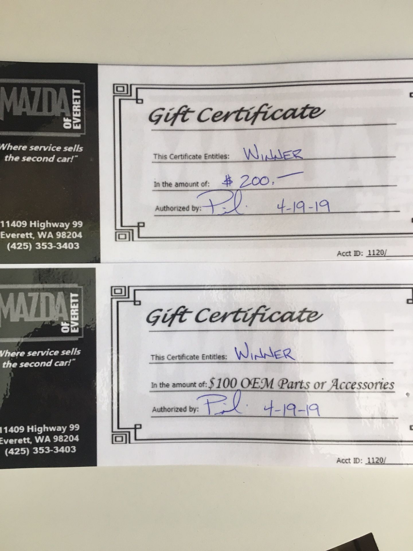 Mazda dealer/mechanic gift certificates