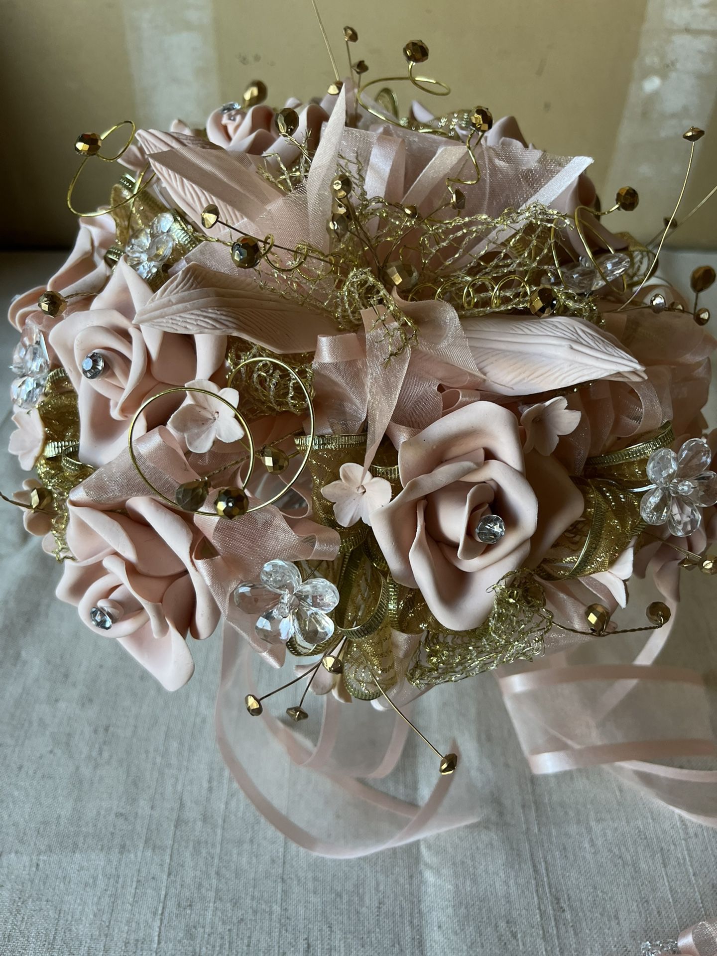 Pink Rose Wedding Quincinera Bouquet With Gold Silver Trim Rhinestones 