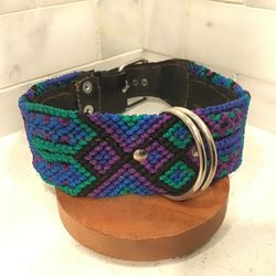 Handmade Dog Collar – 19.5” Large – Indigo & Teal Tribal Weave