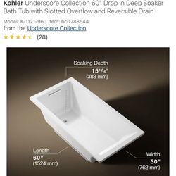 Kohler K-1121-0 Underscore Collection 60" Drop In Deep Soaker Bath Tub with Slotted Overflow and Reversible Drain 