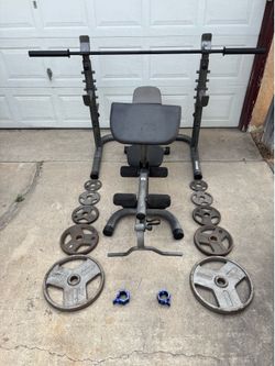Olympic Weights, 7-ft Olympic Bar, Bench, Squat Rack