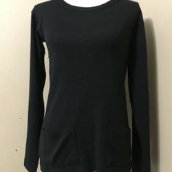 SWEATER TEAS Long Black Wool Blend Tunic Top Wide Sleeve Pockets Women's L