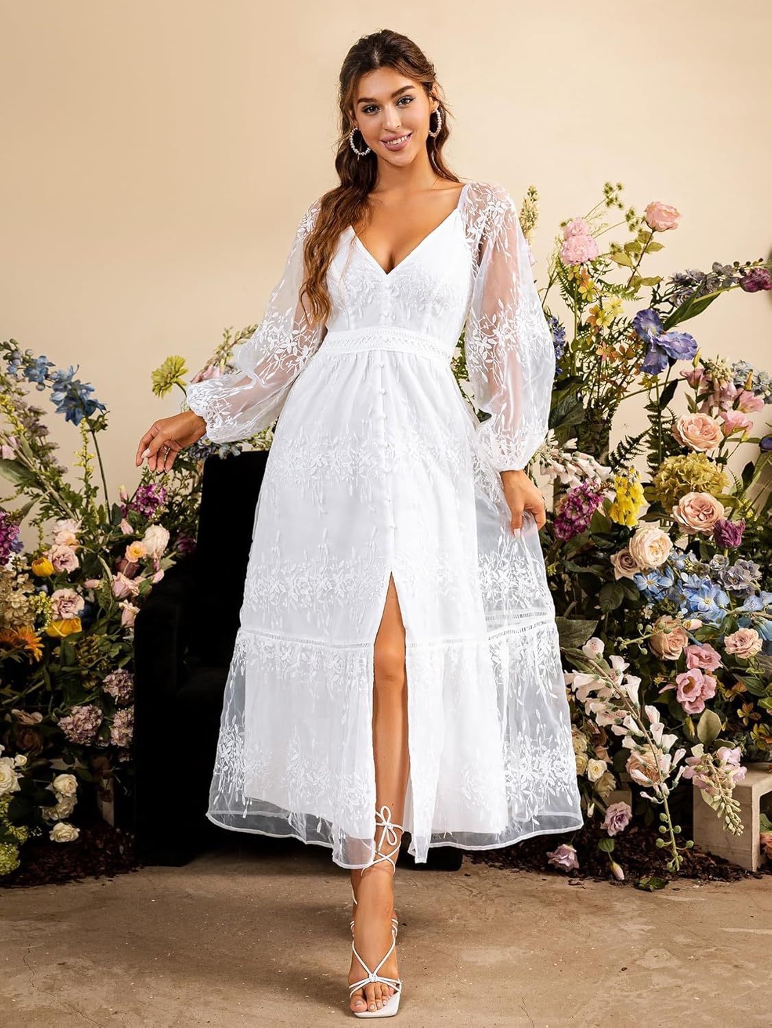 New Simplee Women’s Elegant Lantern Sleeve Ruffle Hem Lace Overlay Dresses